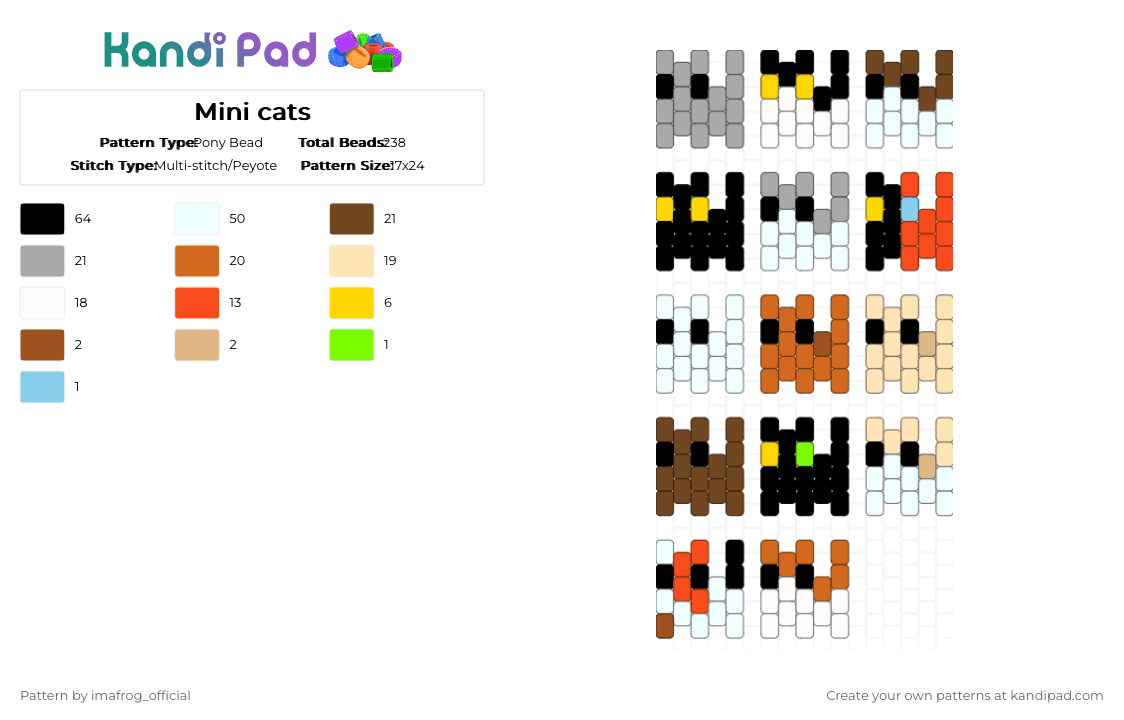 Mini cats - Pony Bead Pattern by imafrog_official on Kandi Pad - white,red,orange,colorful,cats,cat,mini,cute,silly