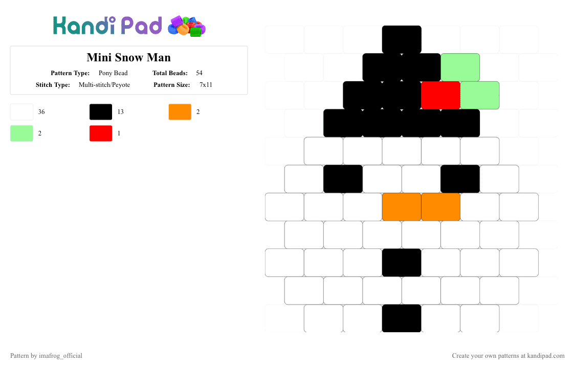Mini Snow Man - Pony Bead Pattern by imafrog_official on Kandi Pad - christmas, orange, snow, snowman, teal, white, winter