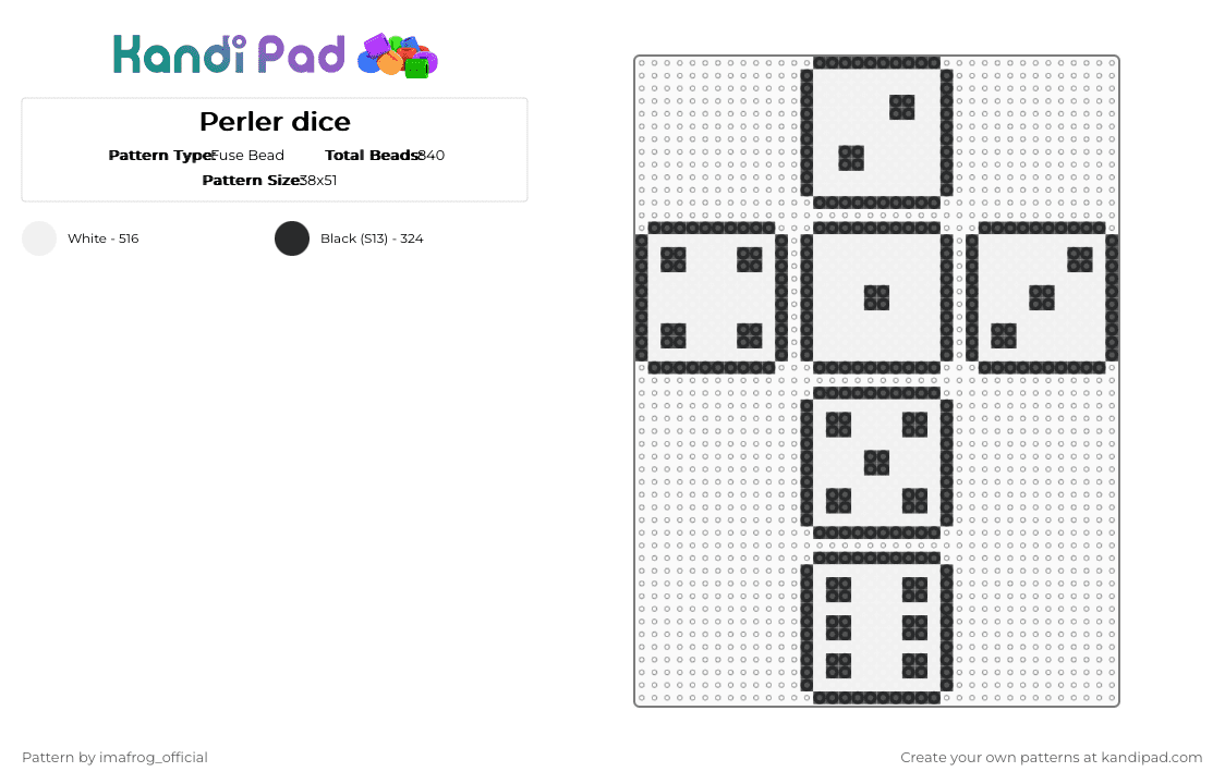 Perler dice - Fuse Bead Pattern by imafrog_official on Kandi Pad - black,white,dice