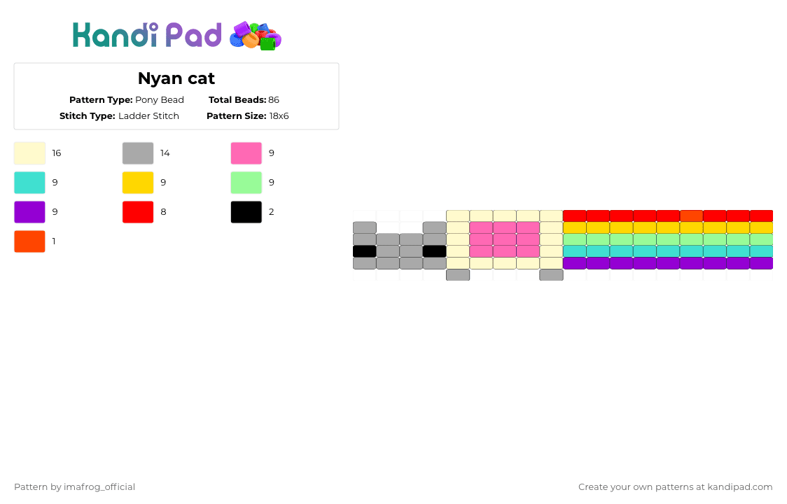 Nyan cat - Pony Bead Pattern by imafrog_official on Kandi Pad - beige,yellow,nyancat,rainbow,cat