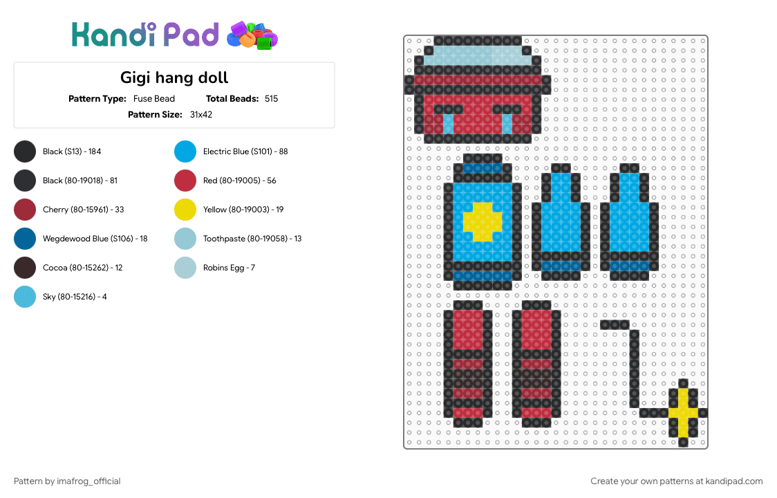 Gigi hang doll - Fuse Bead Pattern by imafrog_official on Kandi Pad - black, dandys world, doll, gachapon, gigi, gigi dandys world, hang, hang doll, light blue, red