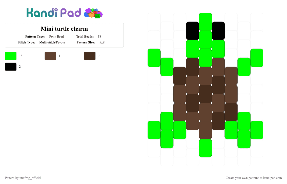Mini turtle charm - Pony Bead Pattern by imafrog_official on Kandi Pad - green,brown,turtle,charm,silly,cute