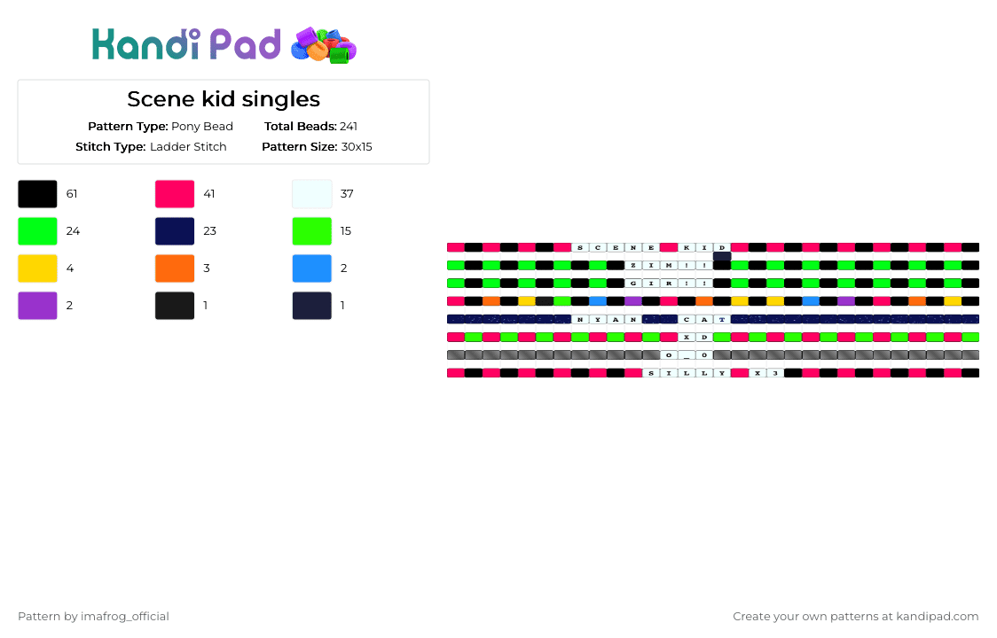 Scene kid singles - Pony Bead Pattern by imafrog_official on Kandi Pad - red,green,purple,scene,scenekid,singles,scenecore