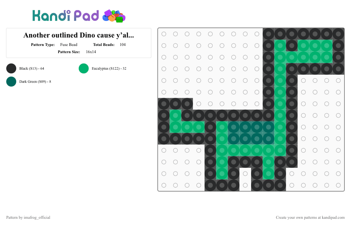 Another outlined Dino cause y’all love ‘em - Fuse Bead Pattern by imafrog_official on Kandi Pad - green,dino,lil,cute,mini,rawr