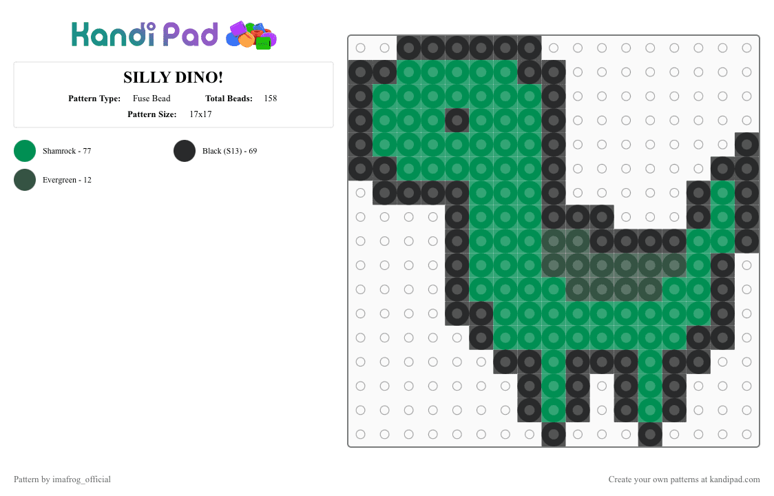 SILLY DINO! - Fuse Bead Pattern by imafrog_official on Kandi Pad - dino, dinosaur, green, mini, silly