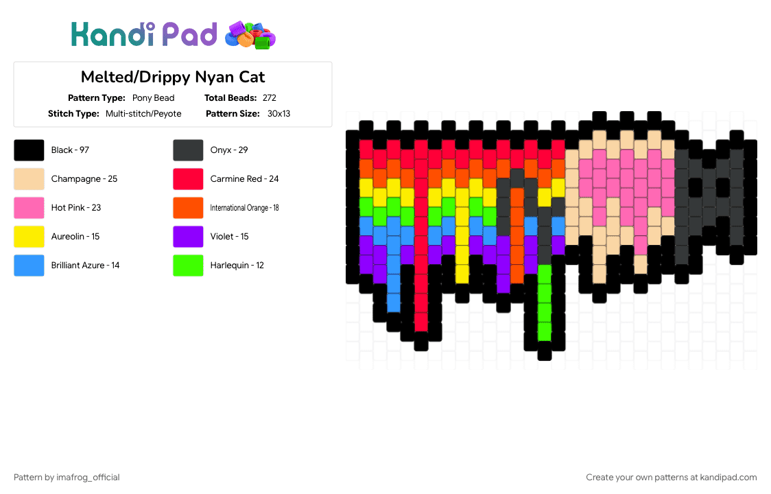 Melted/Drippy Nyan Cat - Pony Bead Pattern by imafrog_official on Kandi Pad - black, cat, colorful, drip, drippy, kandi, melt, nyan, nyan cat, orange, pink, pixel