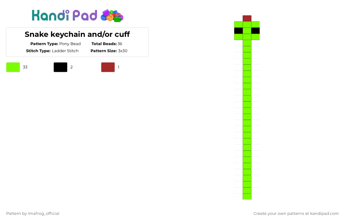 Snake keychain and/or cuff - Pony Bead Pattern by imafrog_official on Kandi Pad - cuff, cute, green, keychain, snake