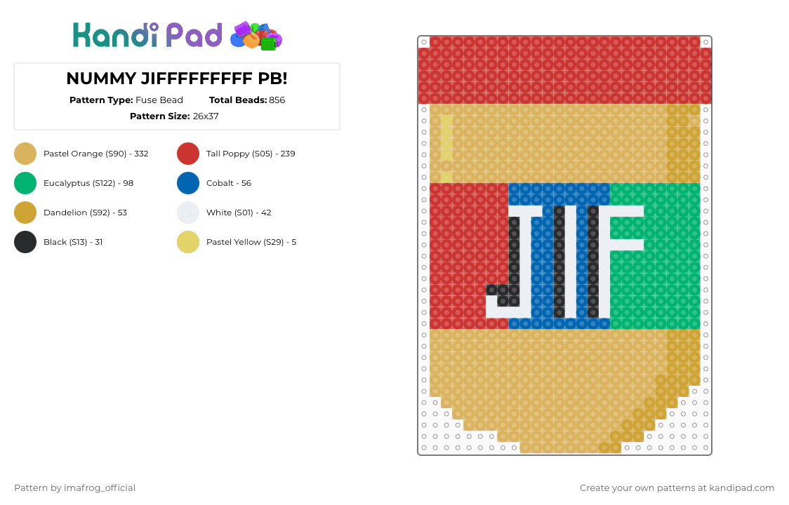 NUMMY JIFFFFFFFFF PB! - Fuse Bead Pattern by imafrog_official on Kandi Pad - red,orange,jif,pbj,peanutbutter,yummy