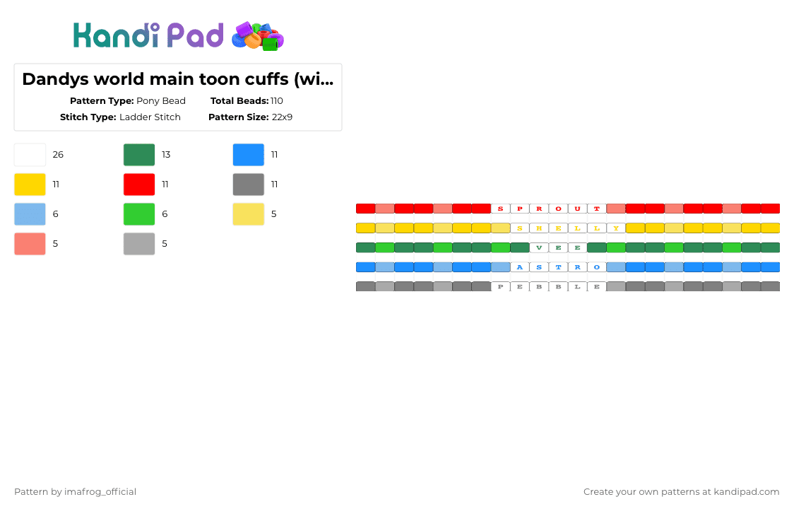 Dandys world main toon cuffs (without events) - Pony Bead Pattern by imafrog_official on Kandi Pad - colorful, cuff, dandysworld, gray, green, main, rainbow, toons, yellow