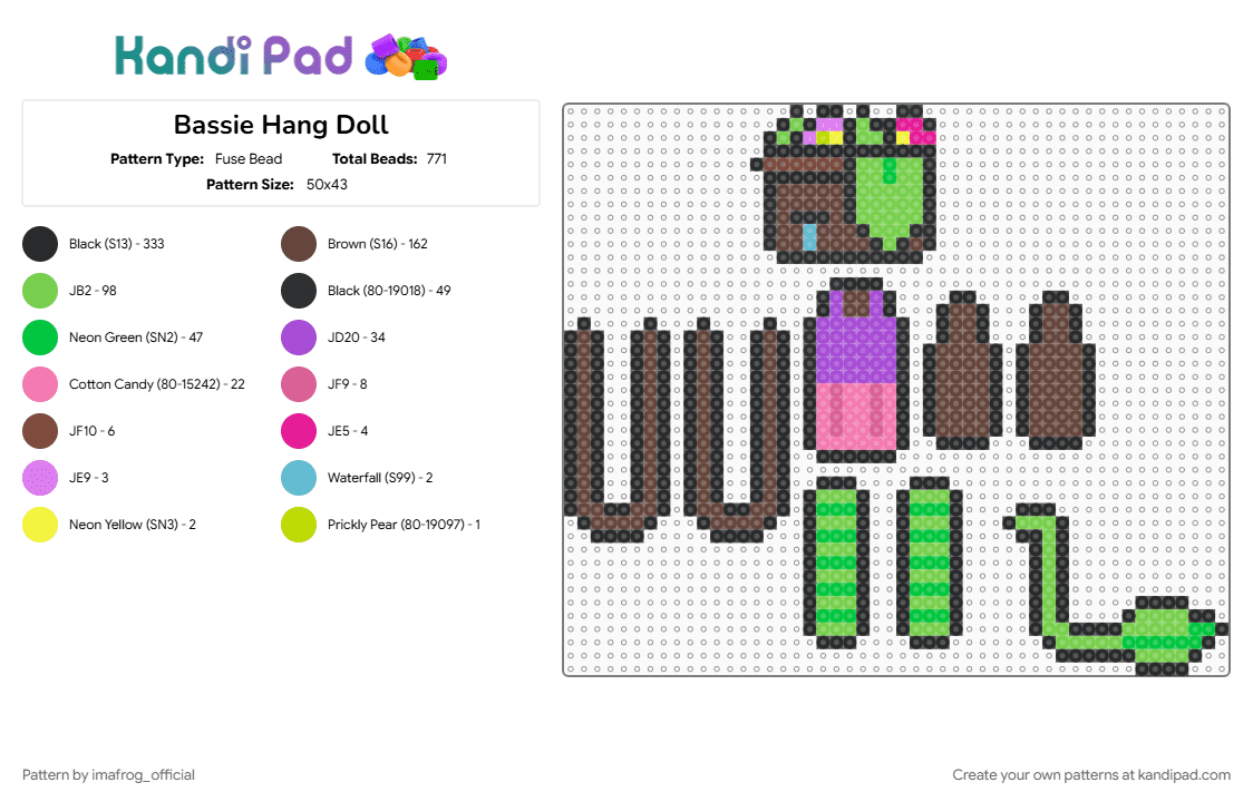 Bassie Hang Doll - Fuse Bead Pattern by imafrog_official on Kandi Pad - basket, bassie, bassie bloomington, black, brown, dandys world, doll, green, hangdoll, roblox