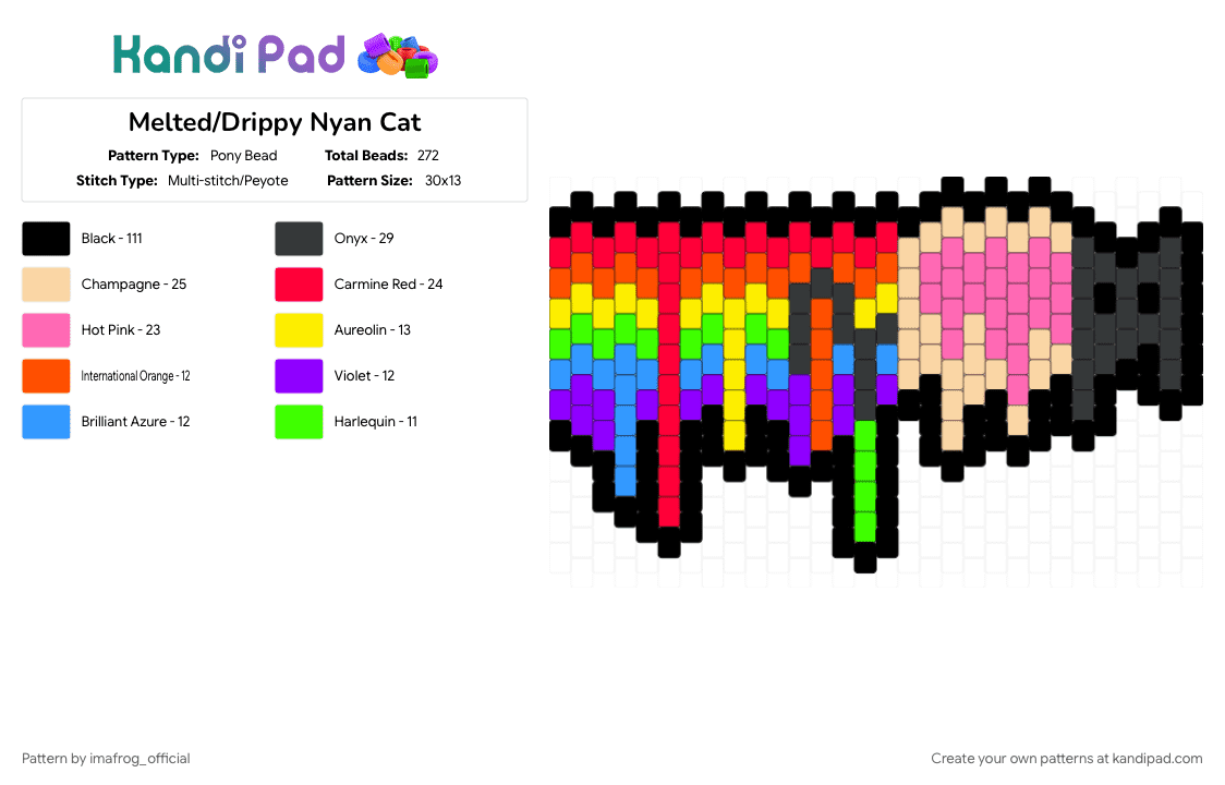 Melted/Drippy Nyan Cat - Pony Bead Pattern by imafrog_official on Kandi Pad - black, cat, colorful, drip, drippy, kandi, melt, nyan, nyan cat, orange, pink, pixel