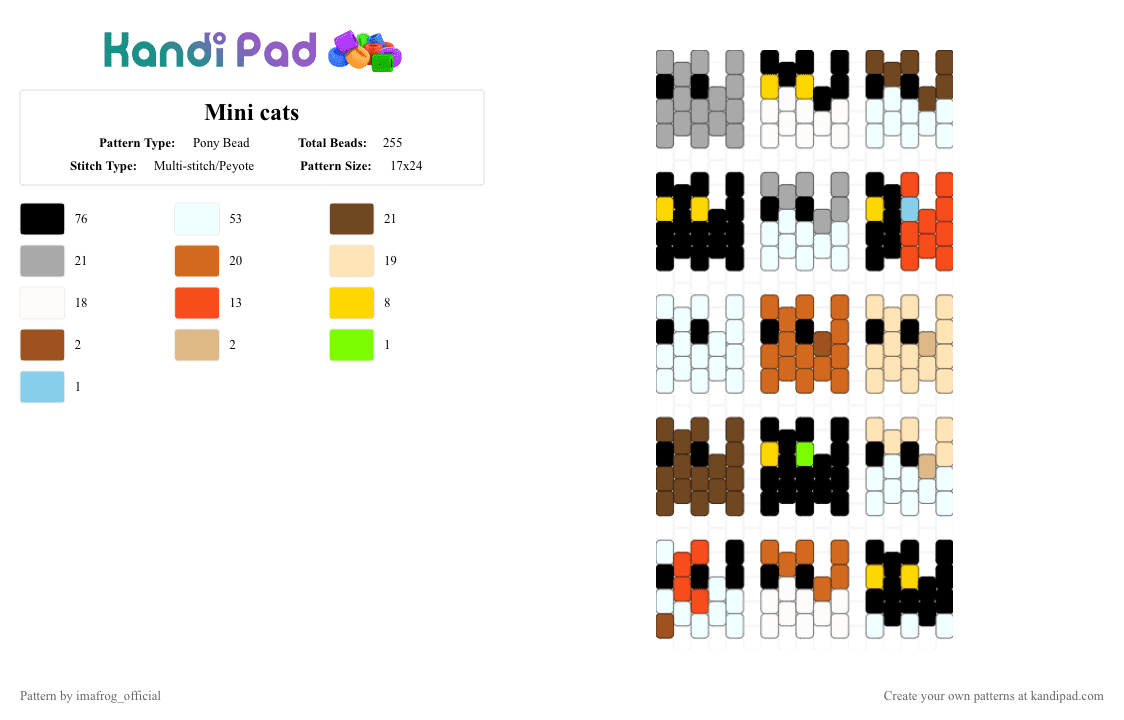 Mini cats - Pony Bead Pattern by imafrog_official on Kandi Pad - white,red,orange,colorful,cats,cat,mini,cute,silly