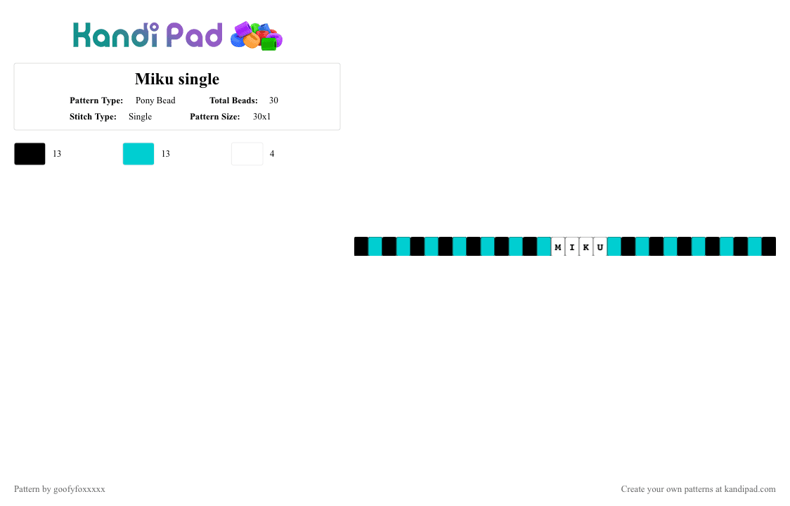 Miku single - Pony Bead Pattern by goofyfoxxxxx on Kandi Pad - light blue,miku,blue,hastune,mku