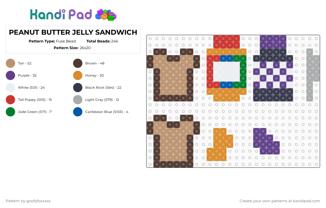 PEANUT BUTTER JELLY SANDWICH - Fuse Bead Pattern by goofyfoxxxxx on Kandi Pad - purple,brown,orange,beige