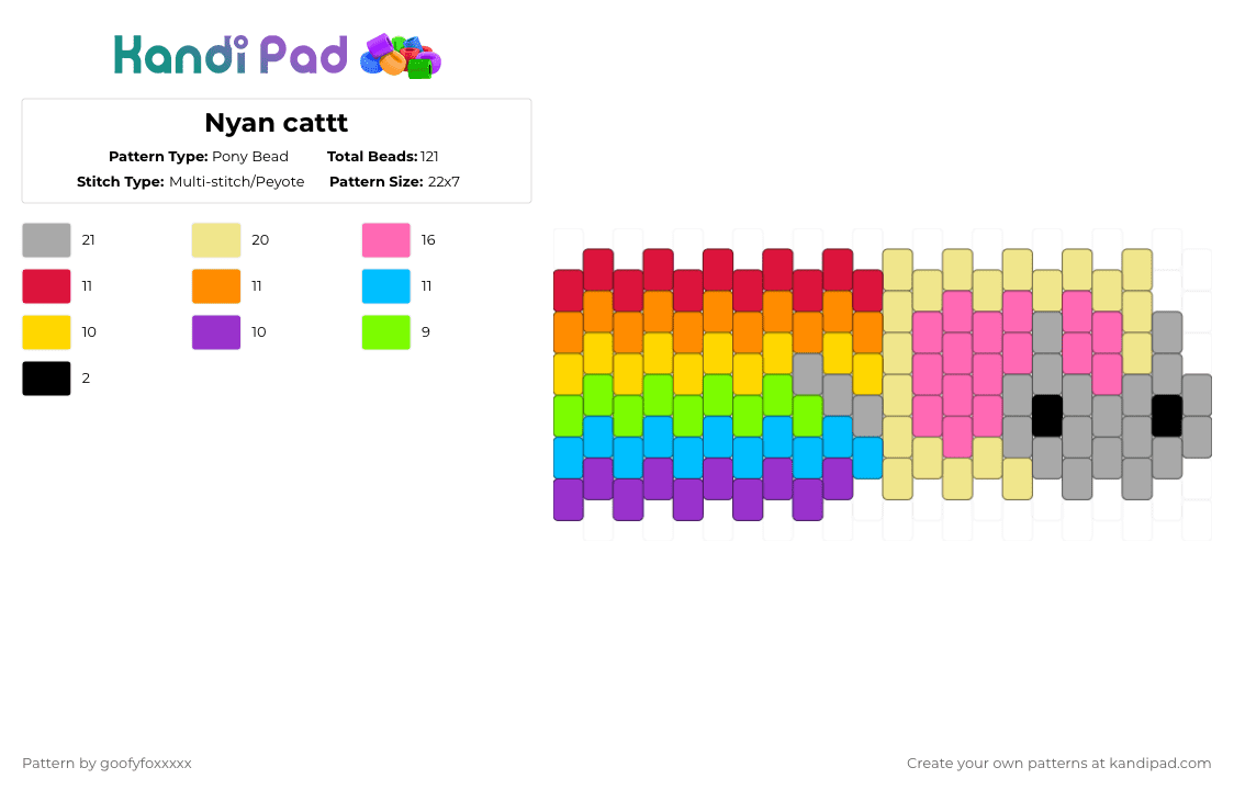 Nyan cattt - Pony Bead Pattern by goofyfoxxxxx on Kandi Pad - yellow,pink,beige,rainbow,cat,nyan