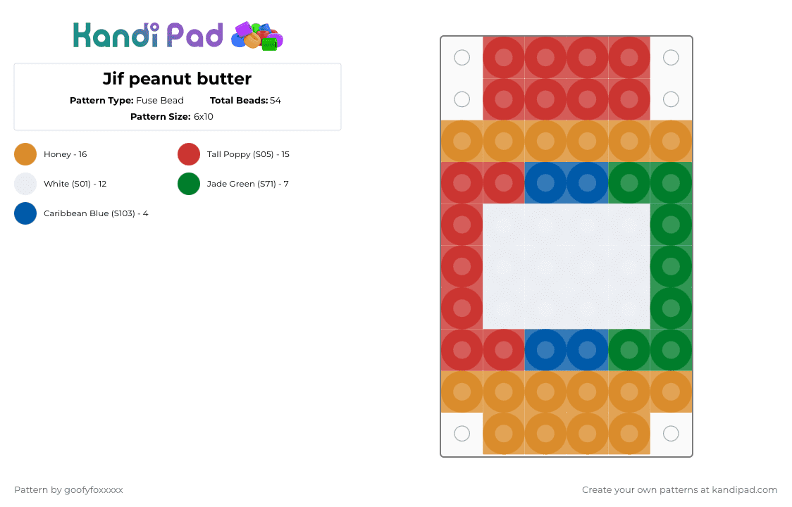 Jif peanut butter - Fuse Bead Pattern by goofyfoxxxxx on Kandi Pad - jif,peanut butter,food,spread,orange,red,peanut