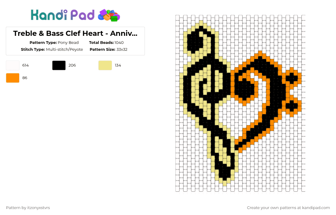Treble & Bass Clef Heart - Anniversary Gift - Pony Bead Pattern by itzonyxstvrs on Kandi Pad - white,yellow,orange