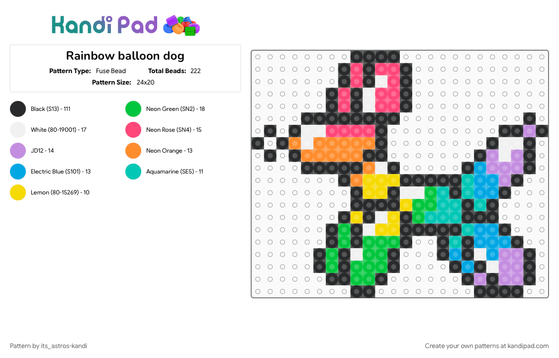 Rainbow balloon dog - Fuse Bead Pattern by its_astros-kandi on Kandi Pad - balloon, balloon animal, balloon dog, black, colorful, light blue, orange, rainbow