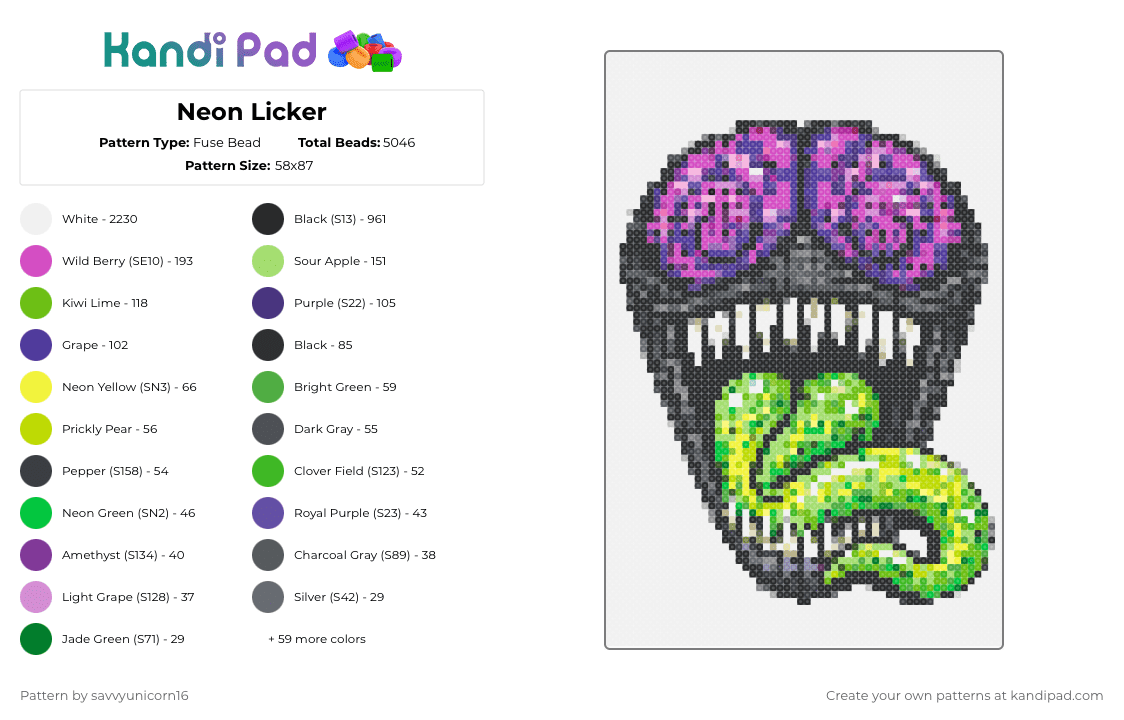 Neon Licker - Fuse Bead Pattern by savvyunicorn16 on Kandi Pad - white,pink,purple,green,colorful,resident evil,re 2,neon,monster