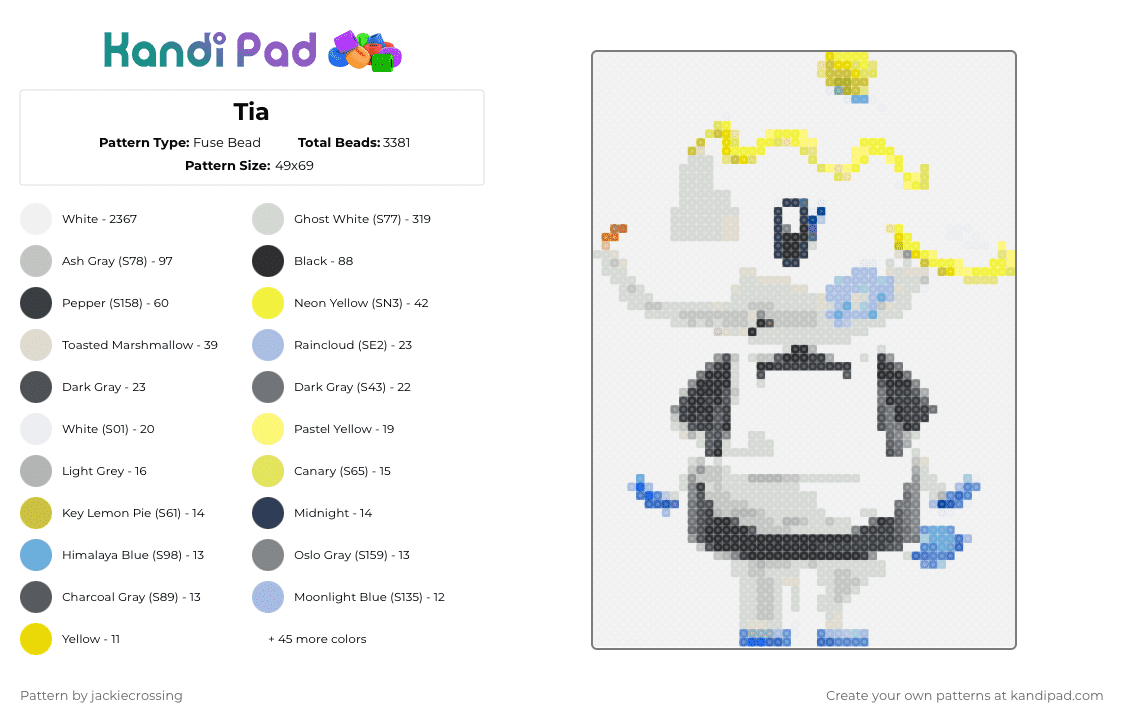 Tia - Fuse Bead Pattern by jackiecrossing on Kandi Pad - white,yellow,beige,blue,colorful,tia,animal crossing,raven,elephant