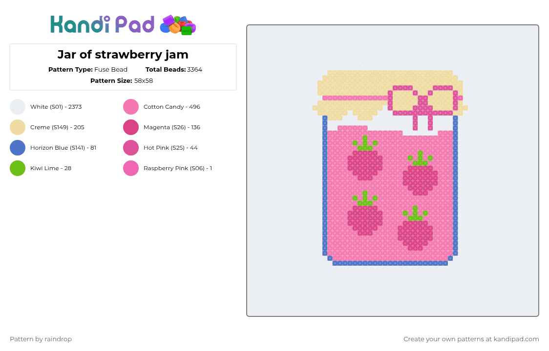 Jar of strawberry jam - Fuse Bead Pattern by raindrop on Kandi Pad - white,pink