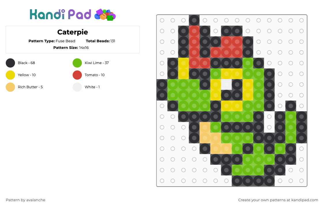 Caterpie - Fuse Bead Pattern by avalanche on Kandi Pad - black,green