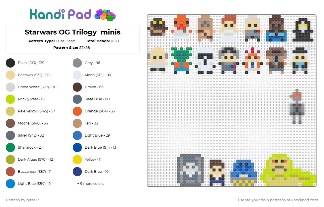 Starwars OG Trilogy  minis - Fuse Bead Pattern by nitza17 on Kandi Pad - gray,beige,yellow,green,colorful,star wars,starwars,mini