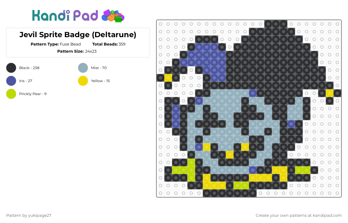 Jevil Sprite Badge (Deltarune Chapter 1) - Fuse Bead Pattern by yukipage27 on Kandi Pad - black,light blue,cotdaprilfoolsday2026,april fools day,deltarune,jevil,jevil dr,video games,character,jester