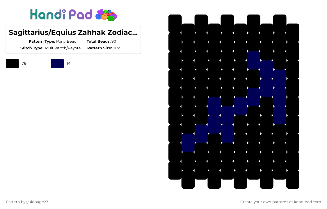 Sagittarius/Equius Zahhak Charm (Zodiac/Homestuck) - Pony Bead Pattern by yukipage27 on Kandi Pad - black,equius zahhak,zodiac,zodiac signs,sagittarius,blue,horse