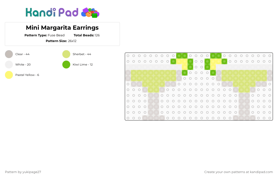 Mini Margarita Earrings - Fuse Bead Pattern by yukipage27 on Kandi Pad - beige,yellow,cotdretirement,cocktail,margarita,drink,food,island,fruit,green