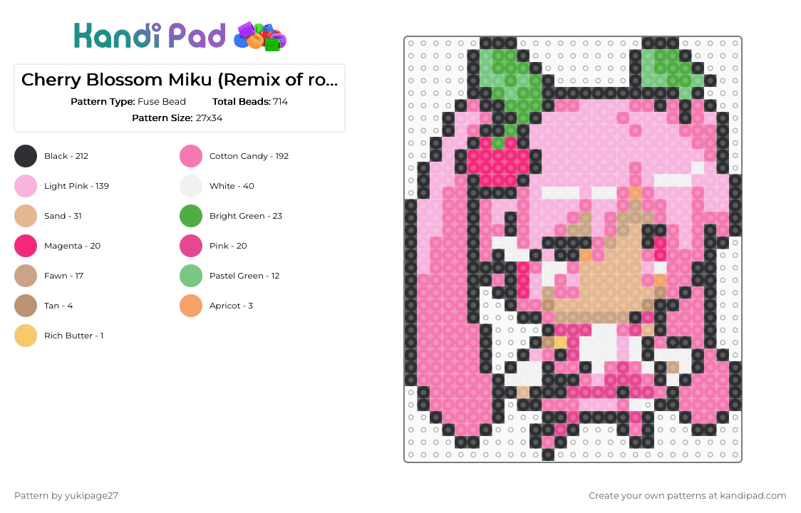 Cherry Blossom Miku (Remix of royinsano) - Fuse Bead Pattern by yukipage27 on Kandi Pad - pink,hatsune miku,sakura,cherry blossom,character,vocaloid,music,cherries