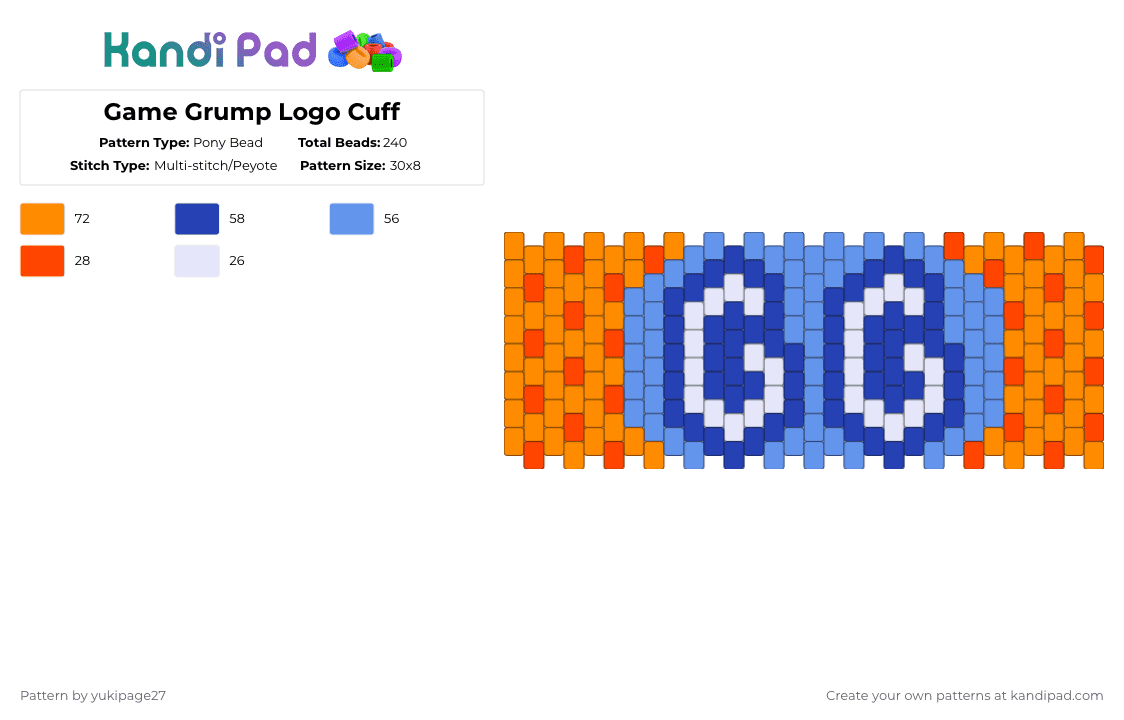Game Grump Logo Cuff - Pony Bead Pattern by yukipage27 on Kandi Pad - arin hanson, blue, cotdcomplementarycolors, dan avidan, danny sexbang, egoraptor, game grumps, light blue, orange, youtube, youtubers