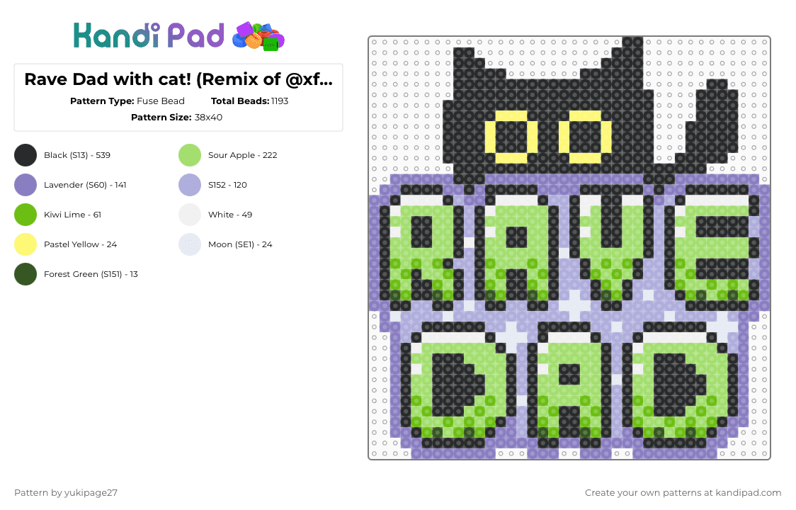 Rave Dad with cat! (Remix of @xfairygutz) - Fuse Bead Pattern by yukipage27 on Kandi Pad - pink,green,cat,rave,rave dad,remix,text,purple,sign