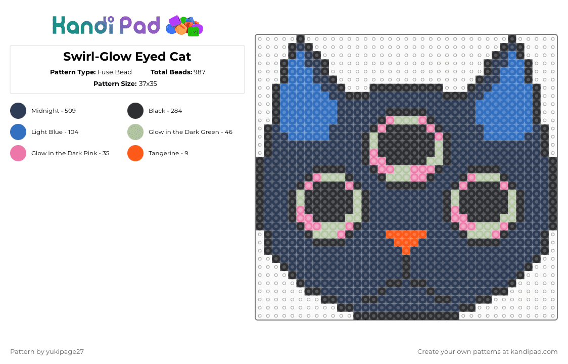Swirl-Glow Eyed Cat - Fuse Bead Pattern by yukipage27 on Kandi Pad - animal, cat, face, kitty, kitty cat, purple, swirl