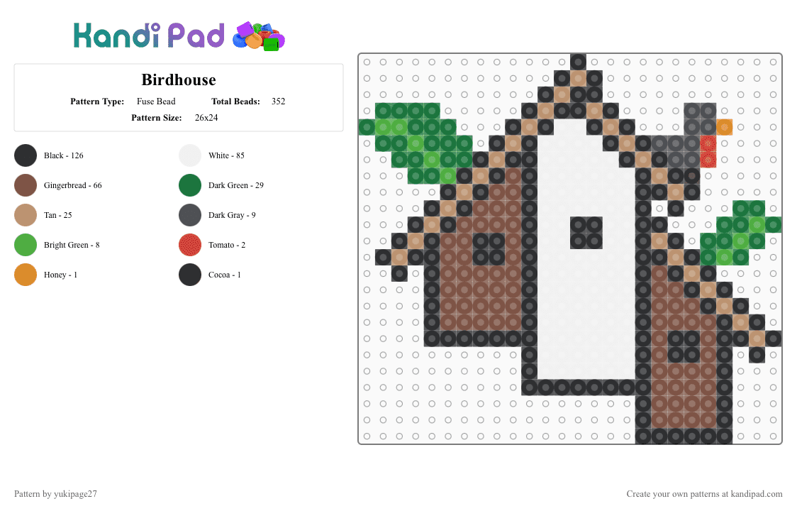 Birdhouse - Fuse Bead Pattern by yukipage27 on Kandi Pad - white,tan,beige,green,cotdtreehouses,birds,birdhouse,tree,leaves,robin,nature,wood