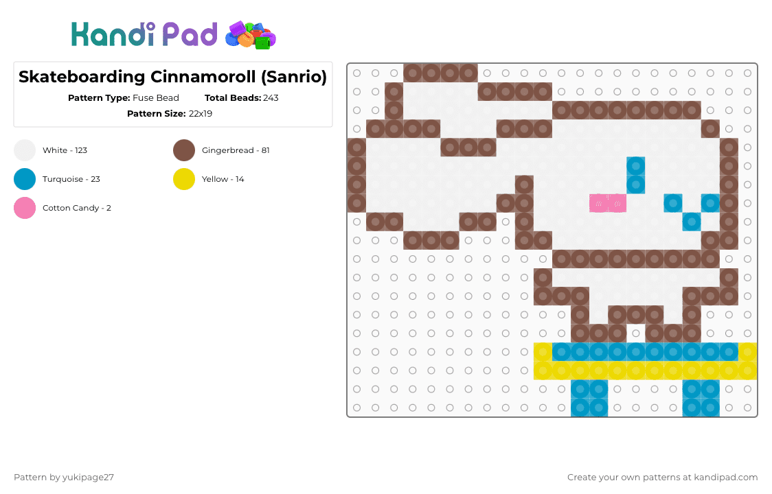 Skateboarding Cinnamoroll (Sanrio) - Fuse Bead Pattern by yukipage27 on Kandi Pad - white,tan,cotdskateboarding,sanrio,mascot,characters,cinnamoroll,skateboard,cinnamoroll sanrio
