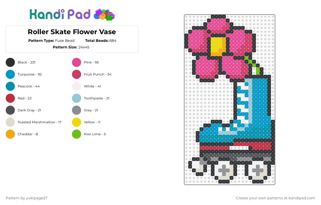 Roller Skate Flower Vase - Fuse Bead Pattern by yukipage27 on Kandi Pad - pink,light blue,teal,gray,cotdskateparks,roller skates,flower,skate park,blue,yellow,skating