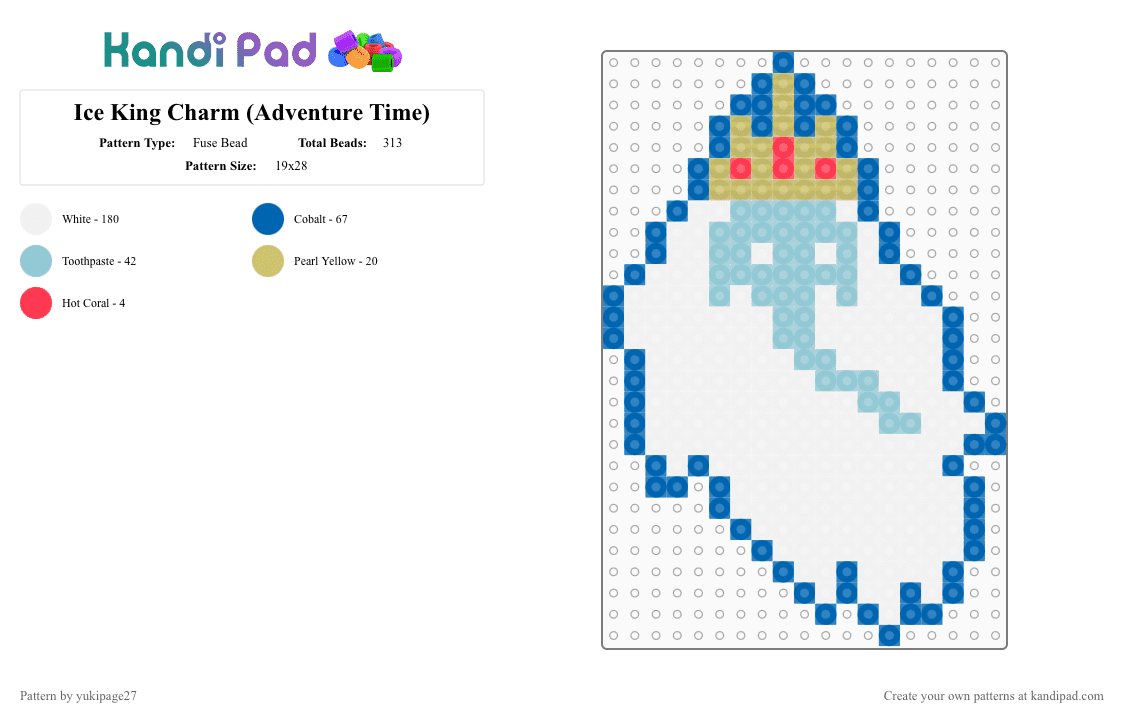 Ice King Charm (Adventure Time) - Fuse Bead Pattern by yukipage27 on Kandi Pad - white,blue,light blue,cotdicy,ice king,simon petrikov,adventure time,cartoon,cartoon network,animated,character