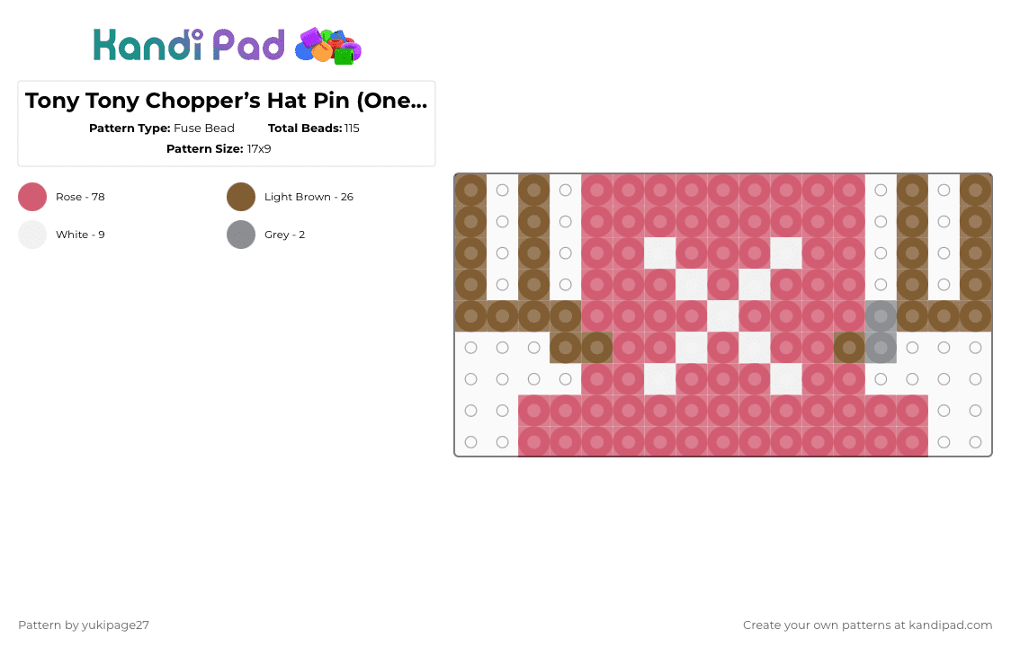Tony Tony Chopper’s Hat Pin (One Piece) - Fuse Bead Pattern by yukipage27 on Kandi Pad - red,one piece,chopper,tony tony chopper,reindeer,hat,pin,anime,manga