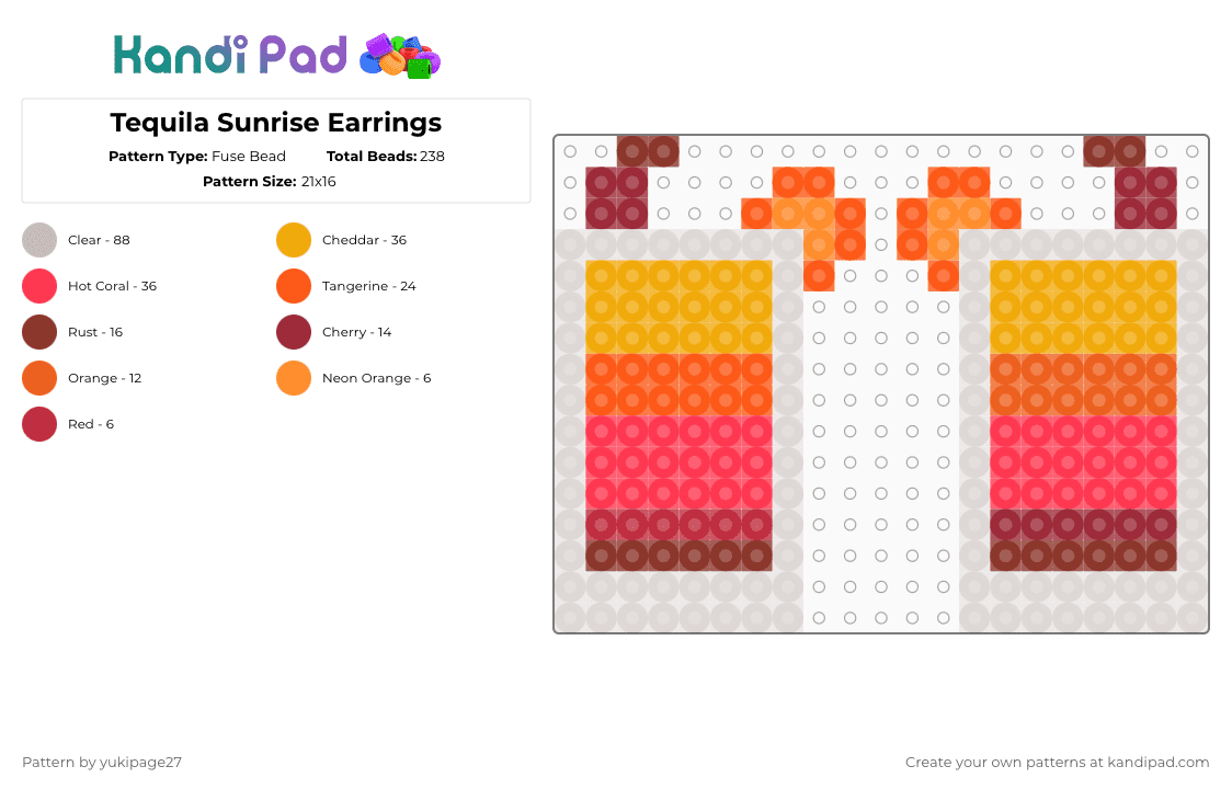 Mini Tequila Sunrise Earrings - Fuse Bead Pattern by yukipage27 on Kandi Pad - orange,beige,tequila sunrise,food,drink,cocktail,oranges,cherries,red