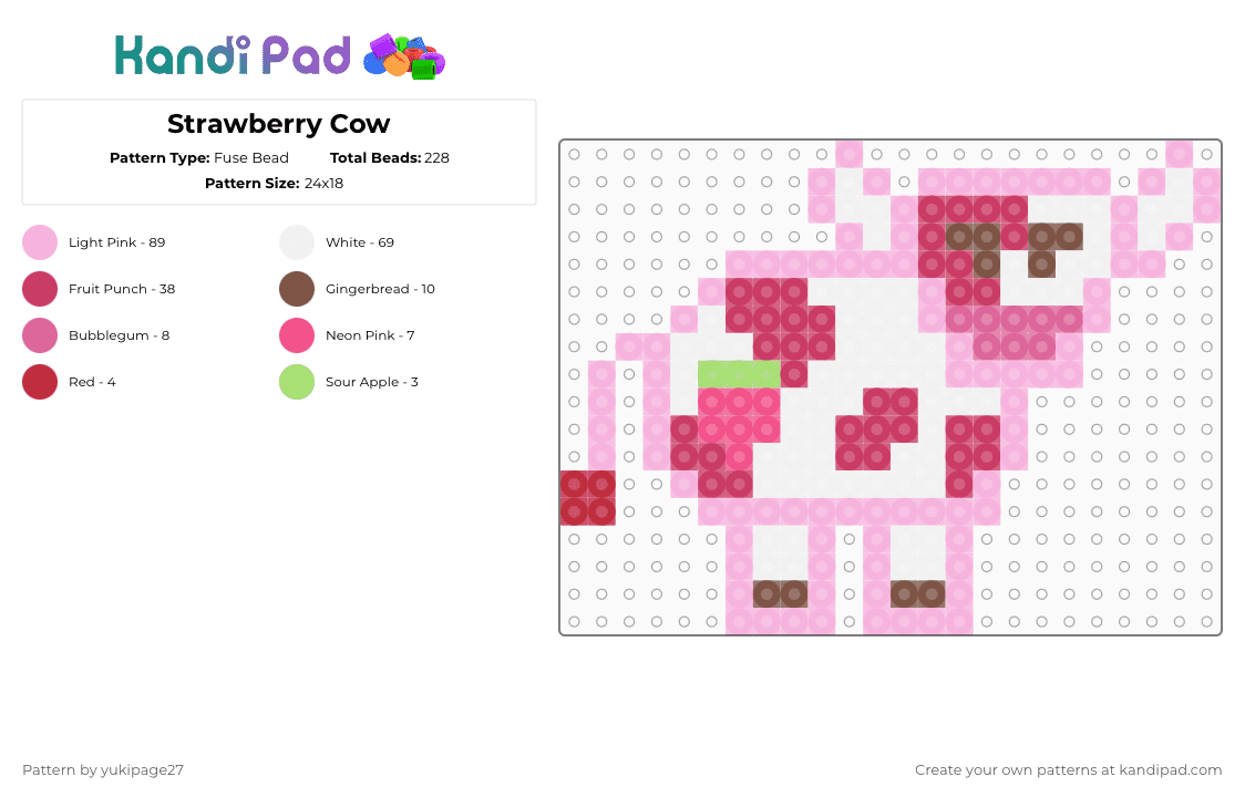 Strawberry Cow - Fuse Bead Pattern by yukipage27 on Kandi Pad - pink,cotdviraltrends,cow,animal,food,strawberry,fruit,strawberry cow