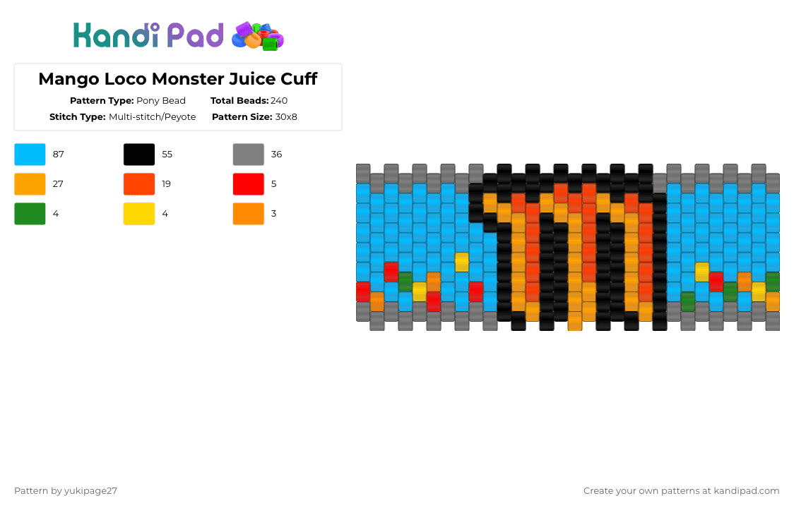 Mango Loco Monster Juice Cuff - Pony Bead Pattern by yukipage27 on Kandi Pad - orange,light blue,gray,cotdsoftdrinks,monster,monster energy drink,drink,food,mango,juice,soft drink