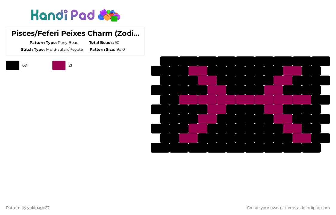 Pisces/Feferi Peixes Charm (Zodiac/Homestuck) - Pony Bead Pattern by yukipage27 on Kandi Pad - black,homestuck,zodiac,feferi,feferi peixes,trolls,zodiac signs,pisces sign,cuttlefishculler