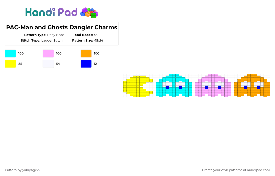 PAC-Man and Ghosts Dangler Charms - Pony Bead Pattern by yukipage27 on Kandi Pad - light blue,pink,yellow,orange,cotd80svibe,video games,retro,retro games,pacman ghosts,colorful,8bit,pacman