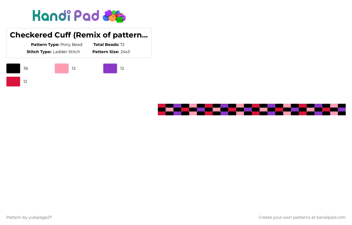 Checkered Cuff (Remix of pattern by av3ry_likeskandi) - Pony Bead Pattern by yukipage27 on Kandi Pad - pink,purple,red,checkered,cuff,scene,black,bracelet