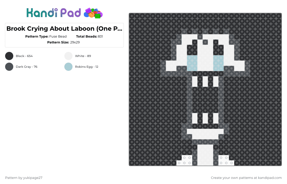 Brook Crying About Laboon (One Piece) - Fuse Bead Pattern by yukipage27 on Kandi Pad - black,gray,cotdsadness,one piece,brook,soul king,anime,manga,skeleton