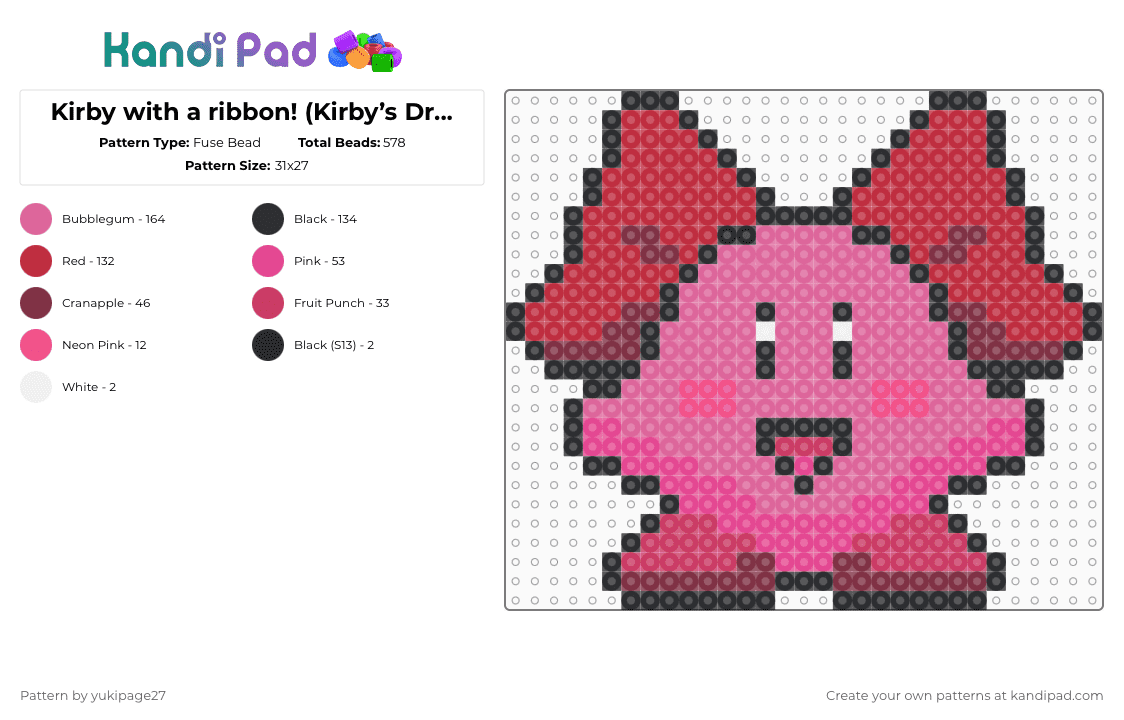 Kirby with a ribbon! (Kirby’s Dream Land) - Fuse Bead Pattern by yukipage27 on Kandi Pad - pink,cotdribbons,kirby,bow,ribbon,video game,character,sprite,cute