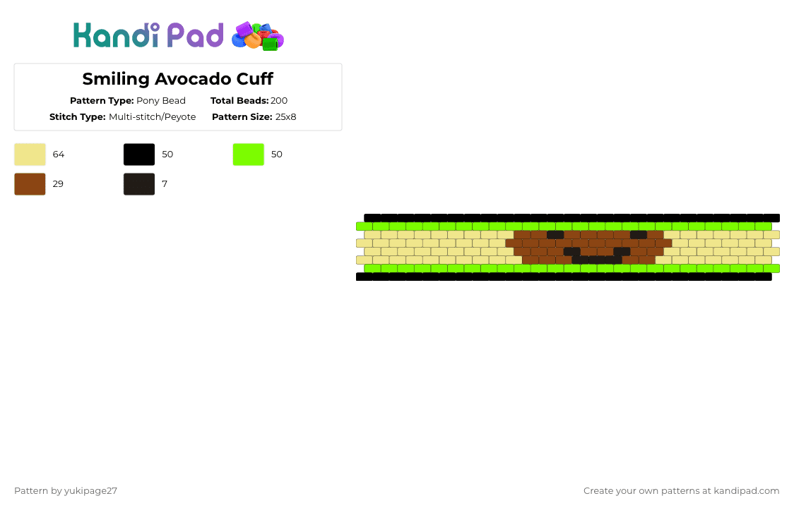 Smiling Avocado Cuff - Pony Bead Pattern by yukipage27 on Kandi Pad - green,yellow,avocado,vegetable,fruit,brown,smiley face,food