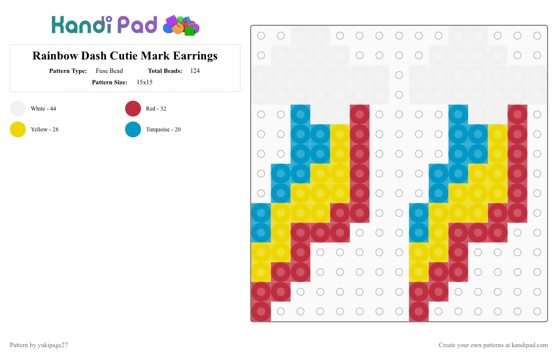 Rainbow Dash Cutie Mark Earrings - Fuse Bead Pattern by yukipage27 on Kandi Pad - cutie mark, friendship is magic, gay, gen 4, mane six, mlp, my little pony, rainbow dash, red, yellow