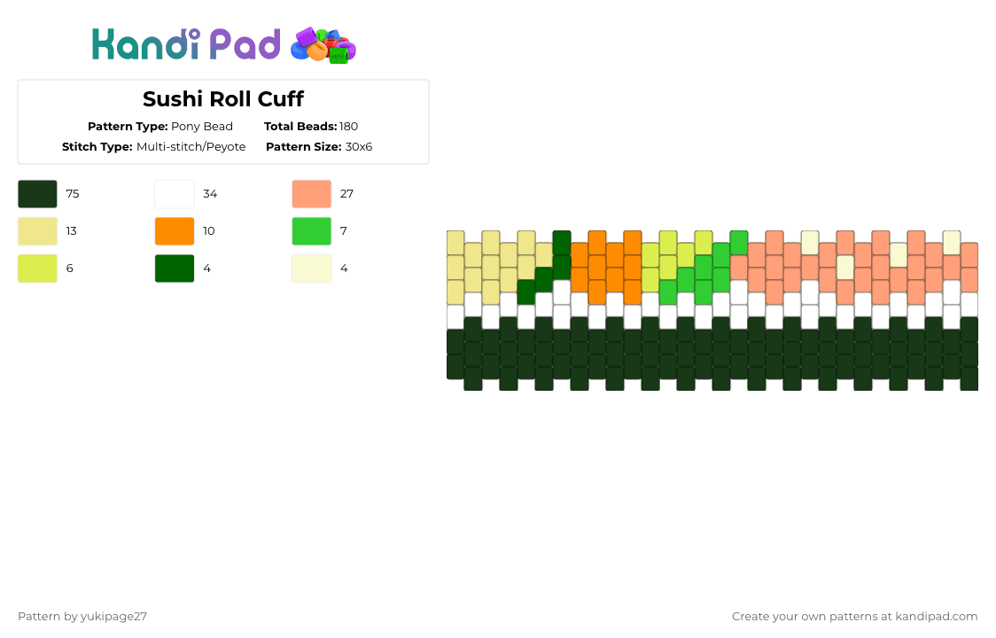 Sushi Roll Cuff - Pony Bead Pattern by yukipage27 on Kandi Pad - orange,cotdsushi,sushi,food,sushi roll,seaweed,fish,japanese food